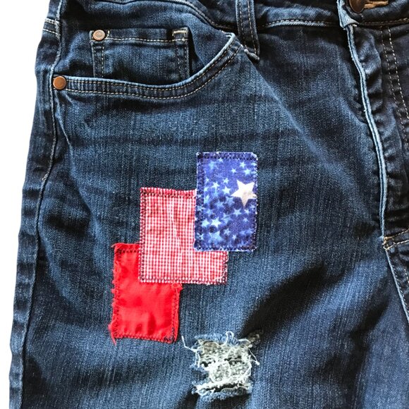 Upcycled Ripped Denim Cutoff Jean Shorts, Fireworks Patriotic Patchwork, Size 16 - Picture 4 of 13